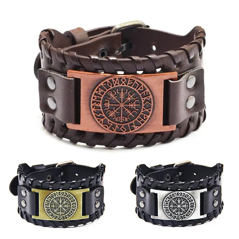 Viking Compass Leather Bracelet Men Adjustable PU Leather Cuff Runes Wristband - Copper