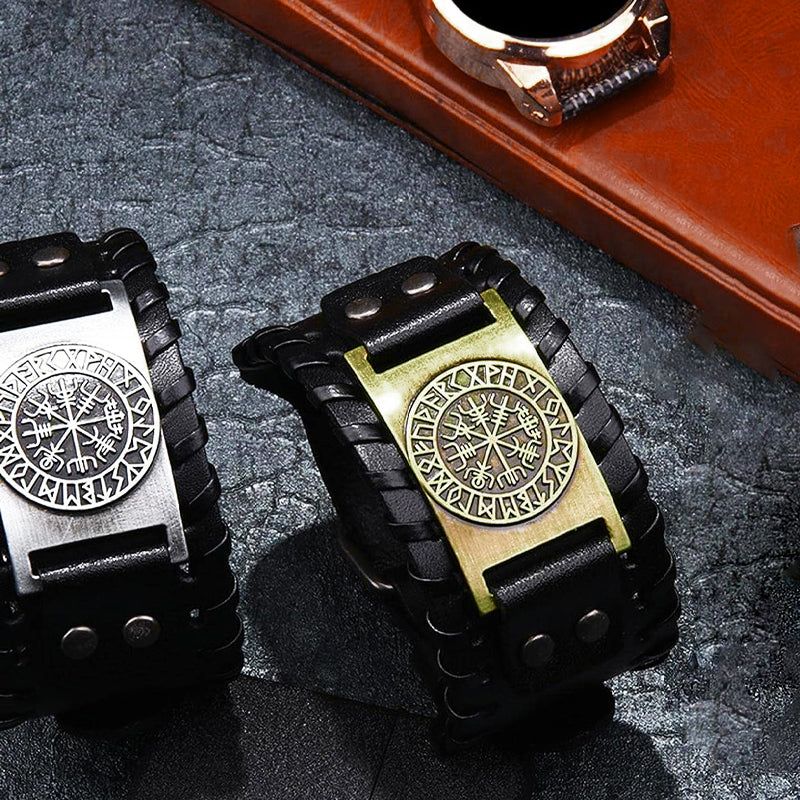 Viking Compass Leather Bracelet Men Adjustable PU Leather Cuff Runes Wristband - Copper