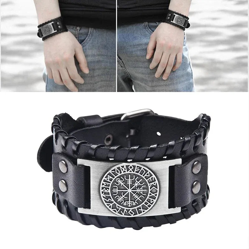 Viking Compass Leather Bracelet Men Adjustable PU Leather Cuff Runes Wristband - Copper