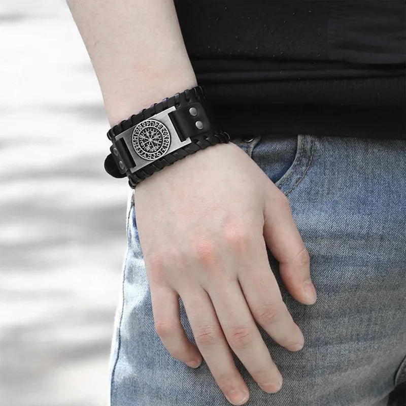 Viking Compass Leather Bracelet Men Adjustable PU Leather Cuff Runes Wristband - Copper