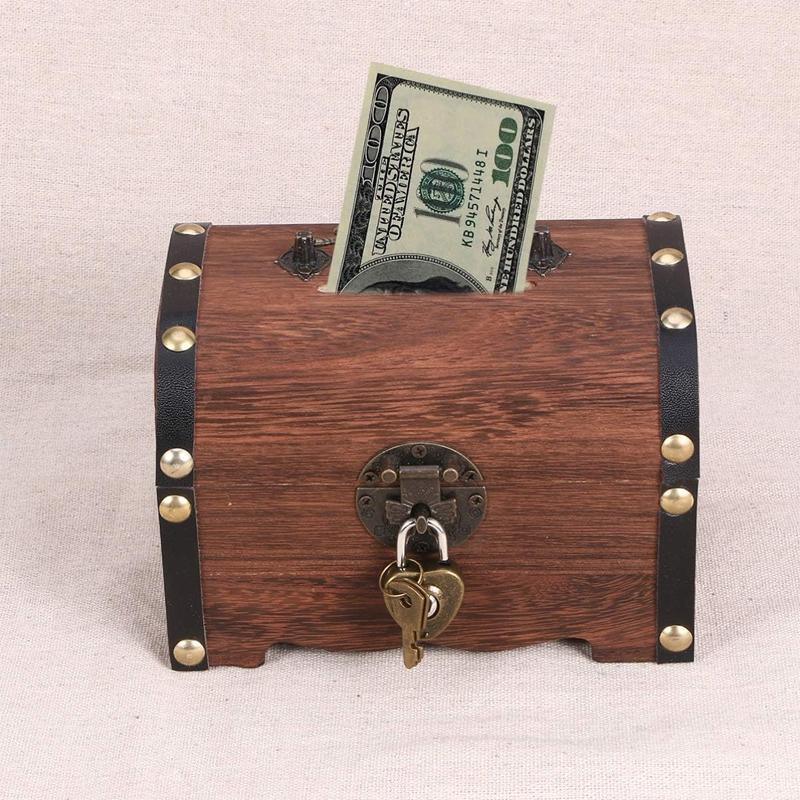 Wooden Treasure Chest Retro Money Storage Box Case Coin Piggy Bank Organizer