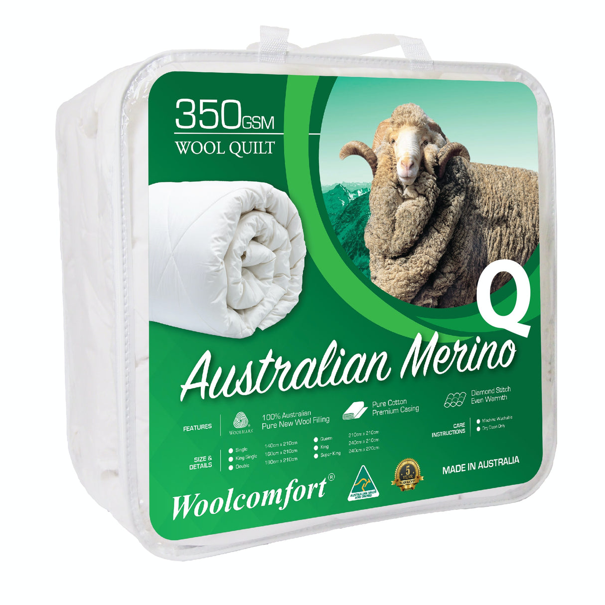Australian Made 350GSM Merino Wool Queen Quilt - 210x210cm