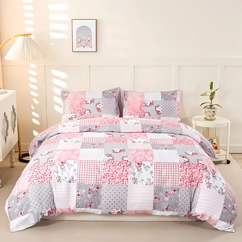 Dreamfields - Soft Pink Plaid Quilt Cover Set - (3pcs, King Size)