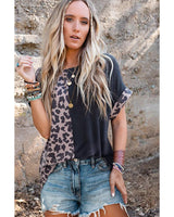 Azura Exchange Trendy Leopard Print Patchwork Short Sleeve Blouse - S - Top-Down View