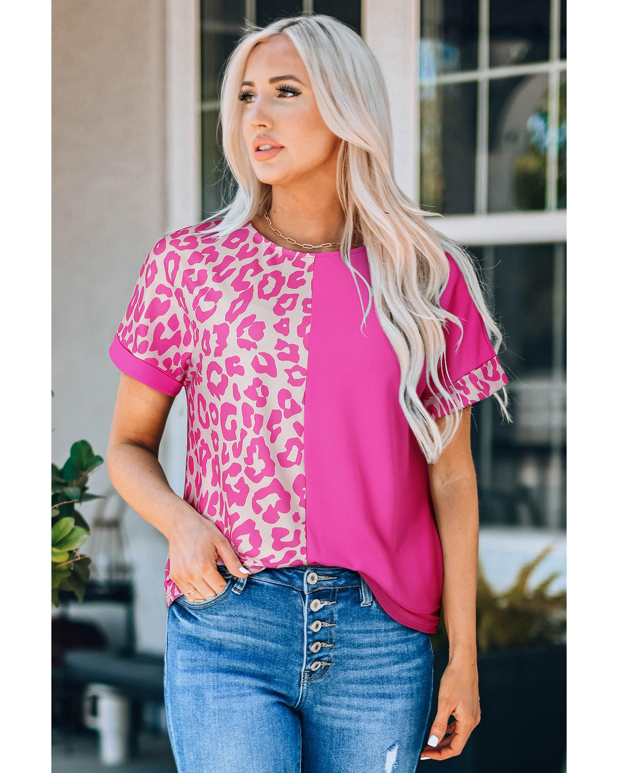 Leopard Chic Patchwork Short Sleeve Top - Size S