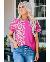 Leopard Chic Patchwork Short Sleeve Top - Size S - Front View