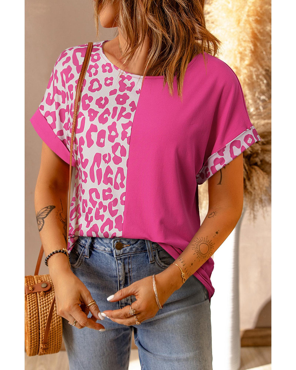 Leopard Chic Patchwork Short Sleeve Top - Size S