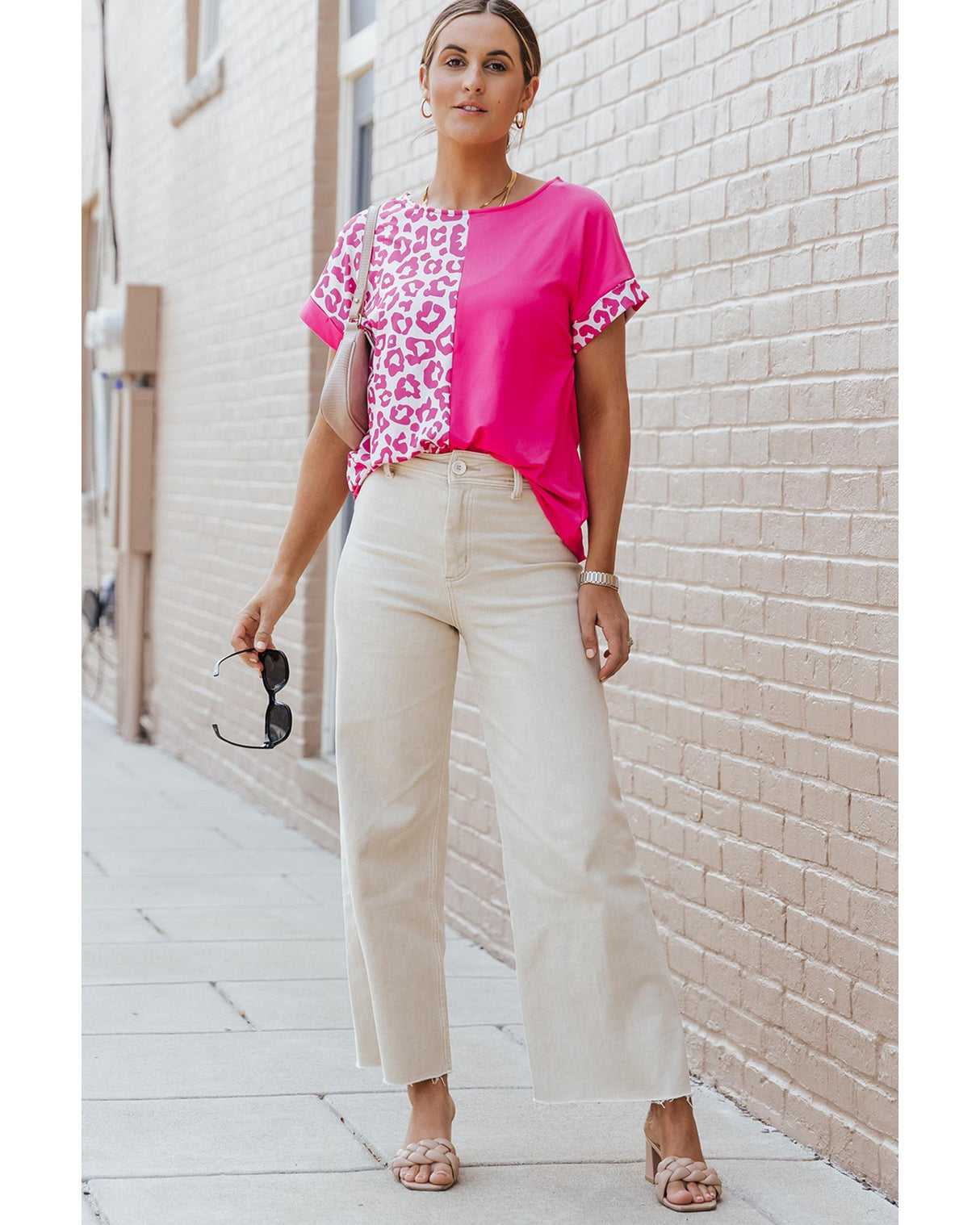 Leopard Chic Patchwork Short Sleeve Top - Size S