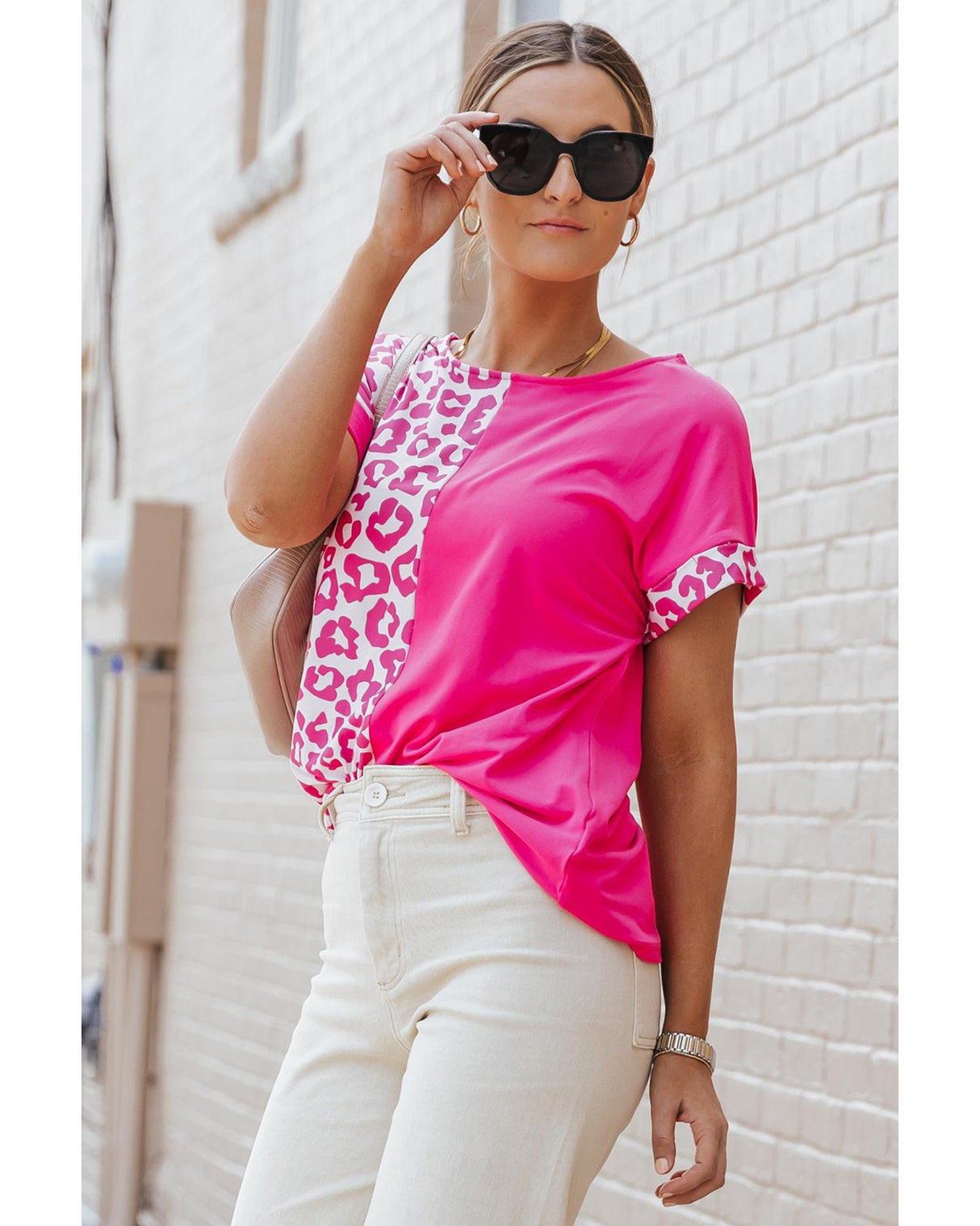 Leopard Chic Patchwork Short Sleeve Top - Size S