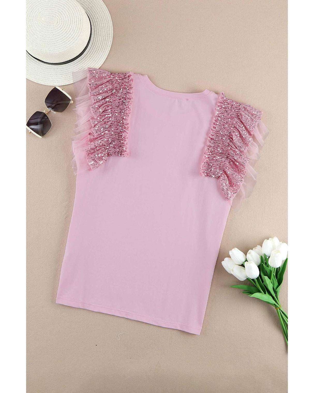 Sequined Ruffle Sleeve Mesh Top - M