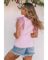 Sequined Ruffle Sleeve Mesh Top - M - 45-Degree Angle