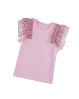 Sequined Ruffle Sleeve Mesh Top - M - Low Angle