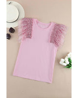 Sequined Ruffle Mesh Sleeve Top - Size Small - Front View