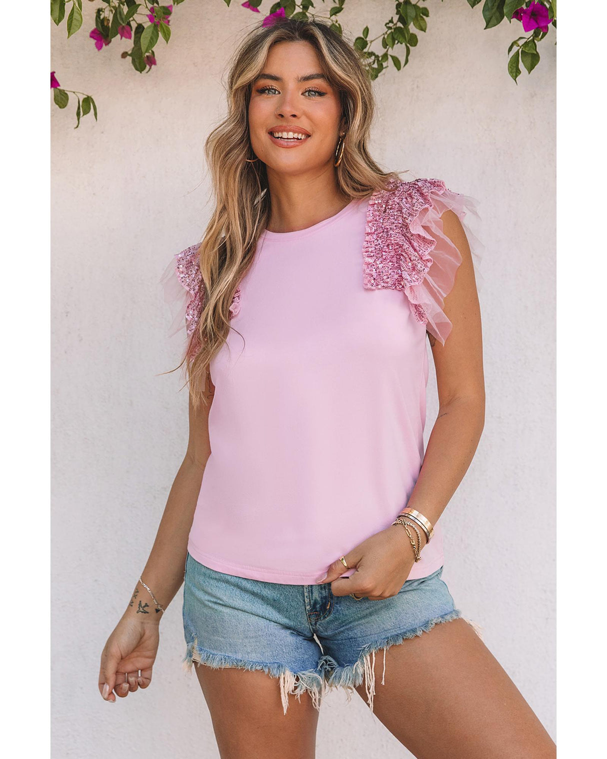 Sequined Ruffle Mesh Sleeve Top - Size Small