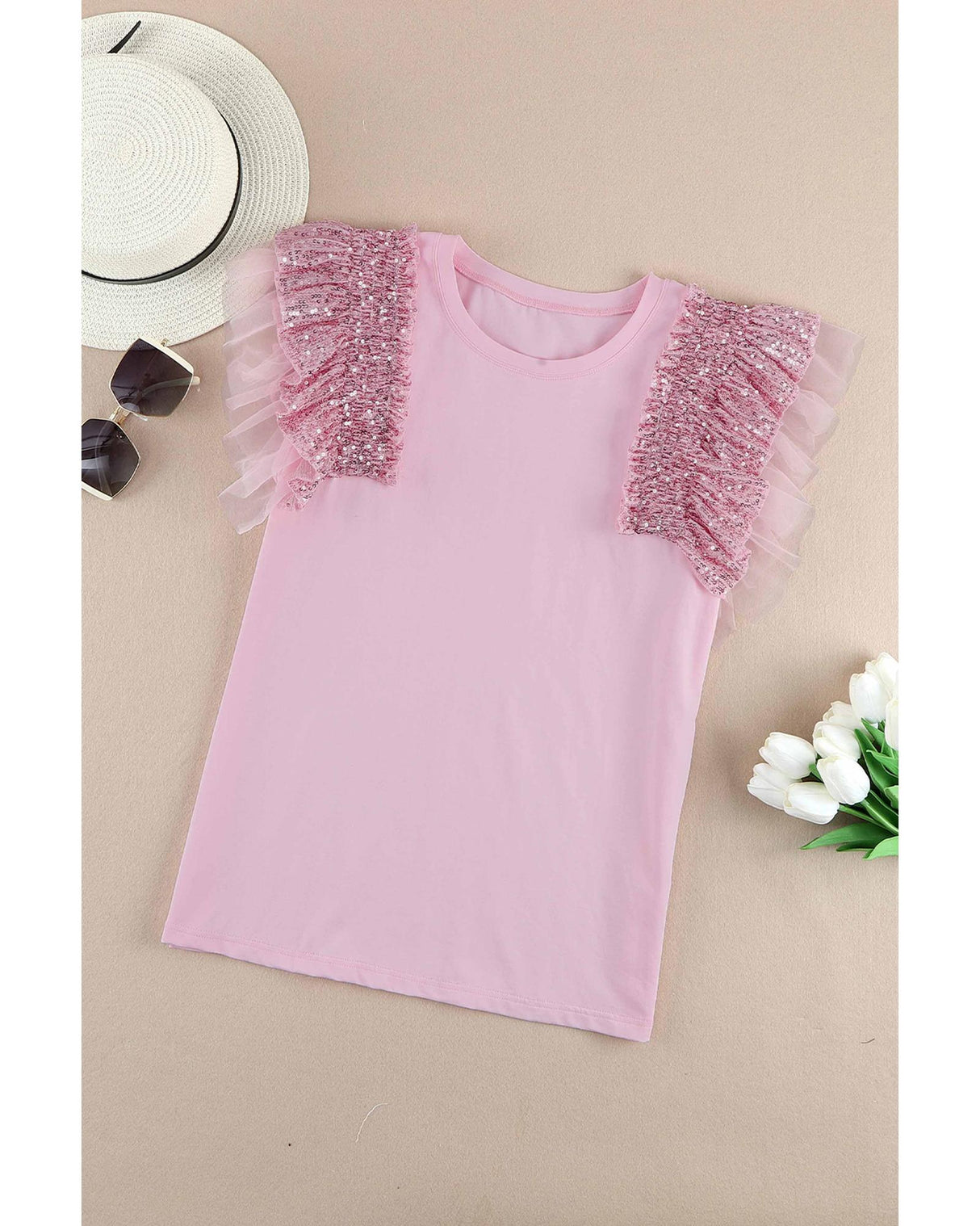 Sequined Ruffle Sleeve Mesh Top - XL