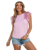 Sequined Ruffle Sleeve Mesh Top - XL - Low Angle