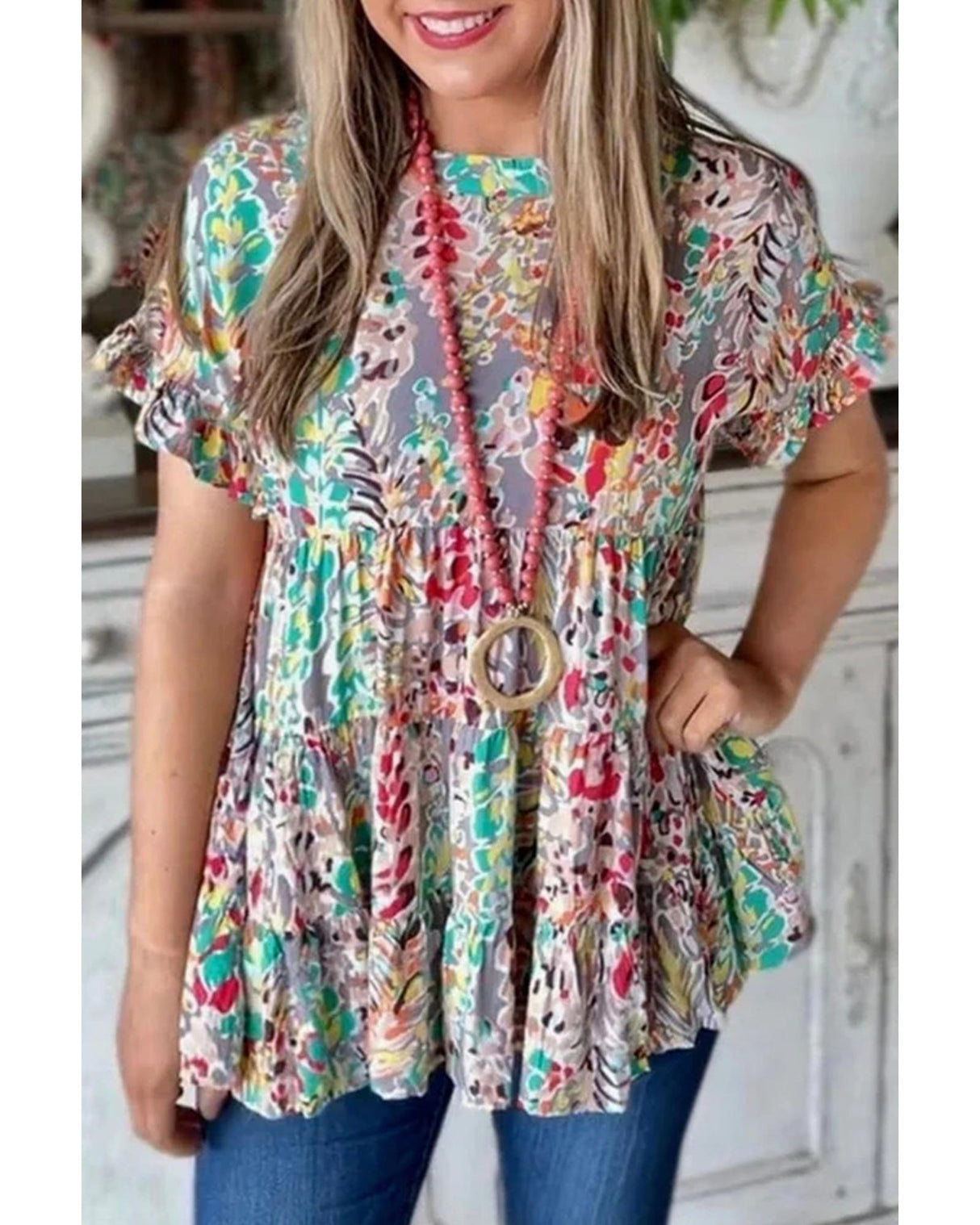Azura Floral Ruffle Sleeve Babydoll Top - S