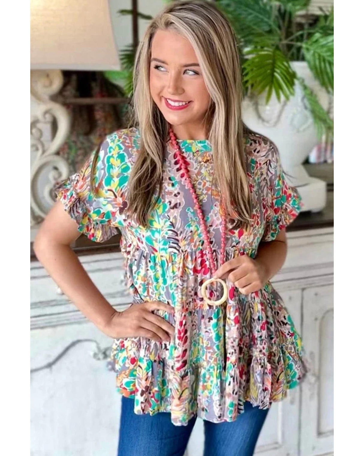 Azura Floral Ruffle Sleeve Babydoll Top - S