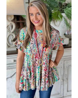 Azura Floral Ruffle Sleeve Babydoll Top - S - Top-Down View