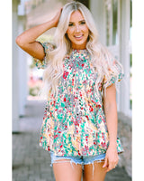 Azura Floral Ruffle Sleeve Babydoll Top - S - Top-Down View