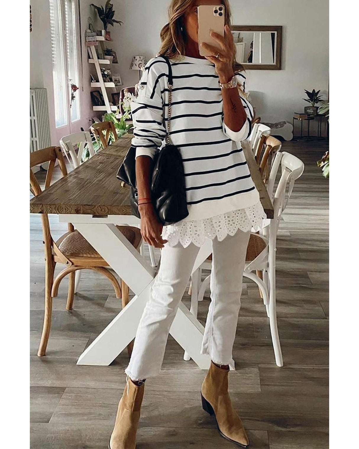Azura Exchange Lace-Trim Striped Drop Shoulder Button-Up Top - M