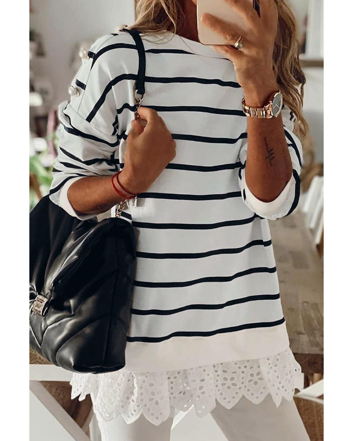 Azura Exchange Striped Lace Spliced Dropped Shoulder Top - S