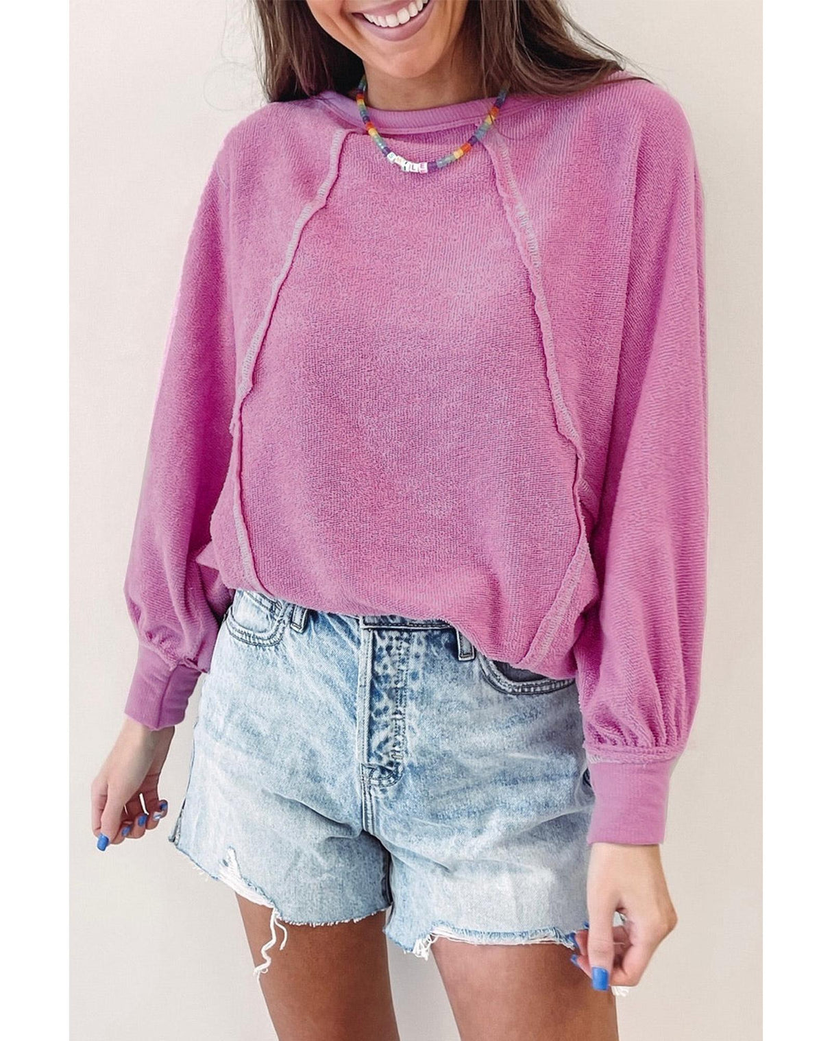 Azura Exchange Pink Exposed Seam Terry Pullover - S