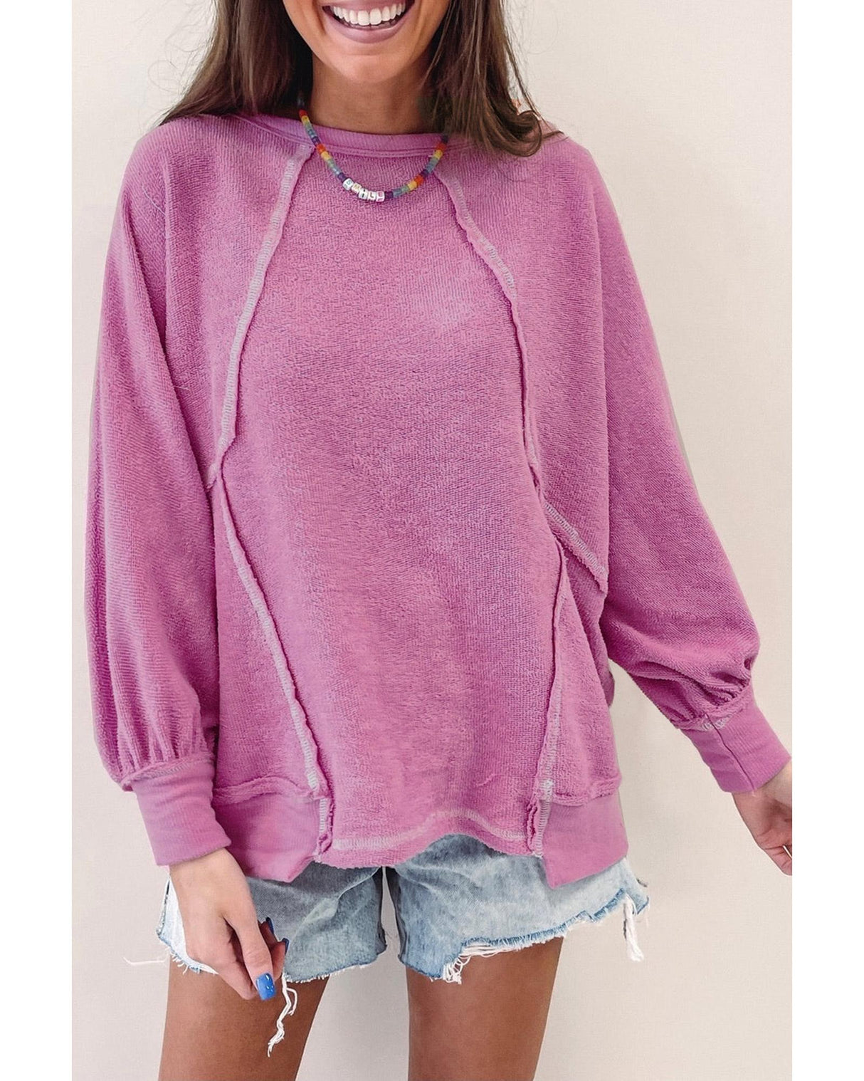 Azura Exchange Pink Exposed Seam Terry Pullover - S