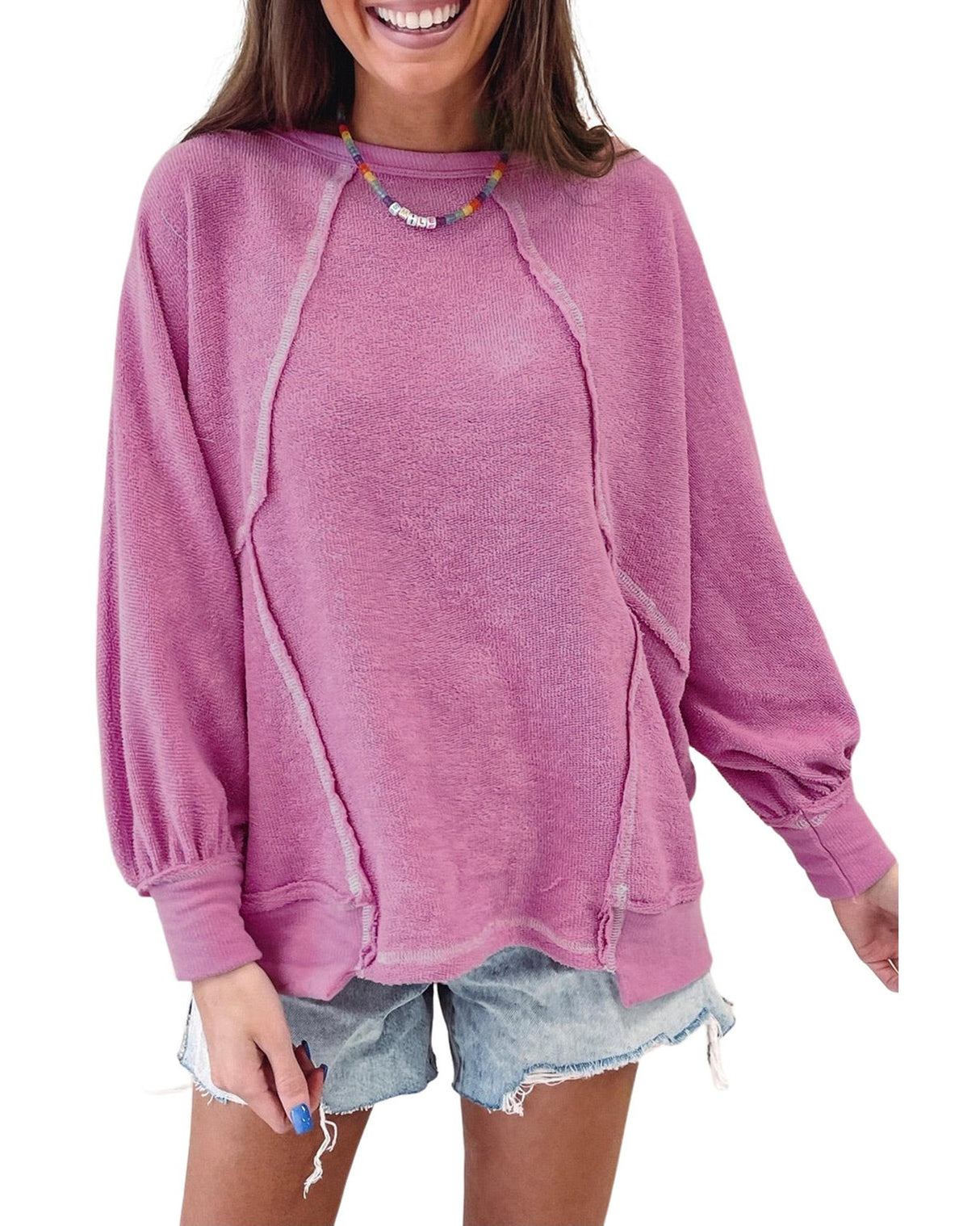 Azura Exchange Pink Exposed Seam Terry Pullover - S