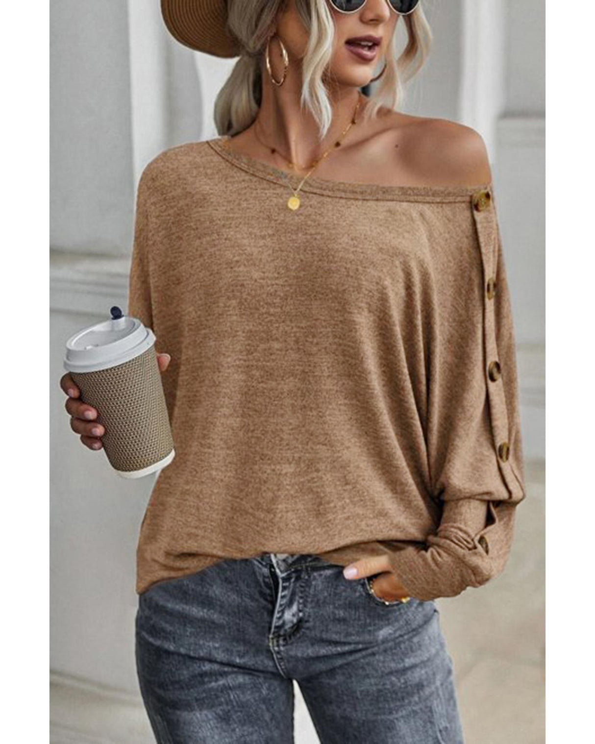 Khaki Dolman Sleeve Top with Button Details - M