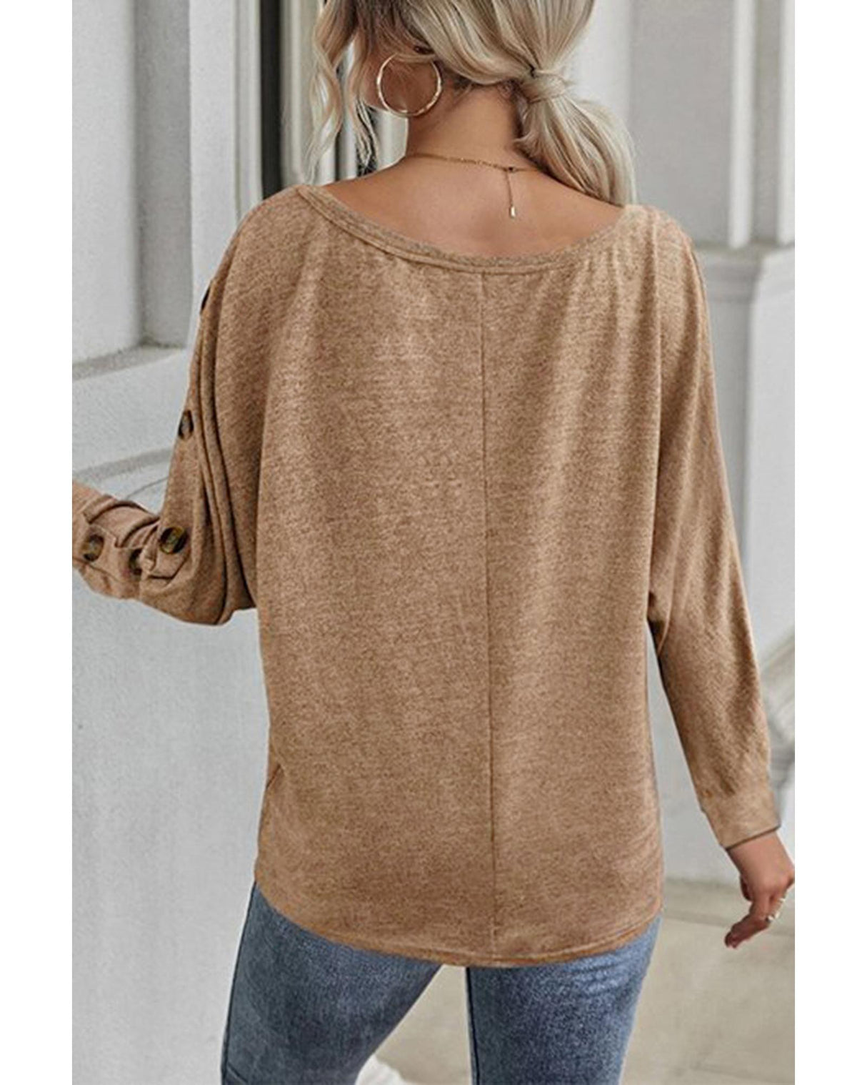 Khaki Dolman Sleeve Top with Button Details - M