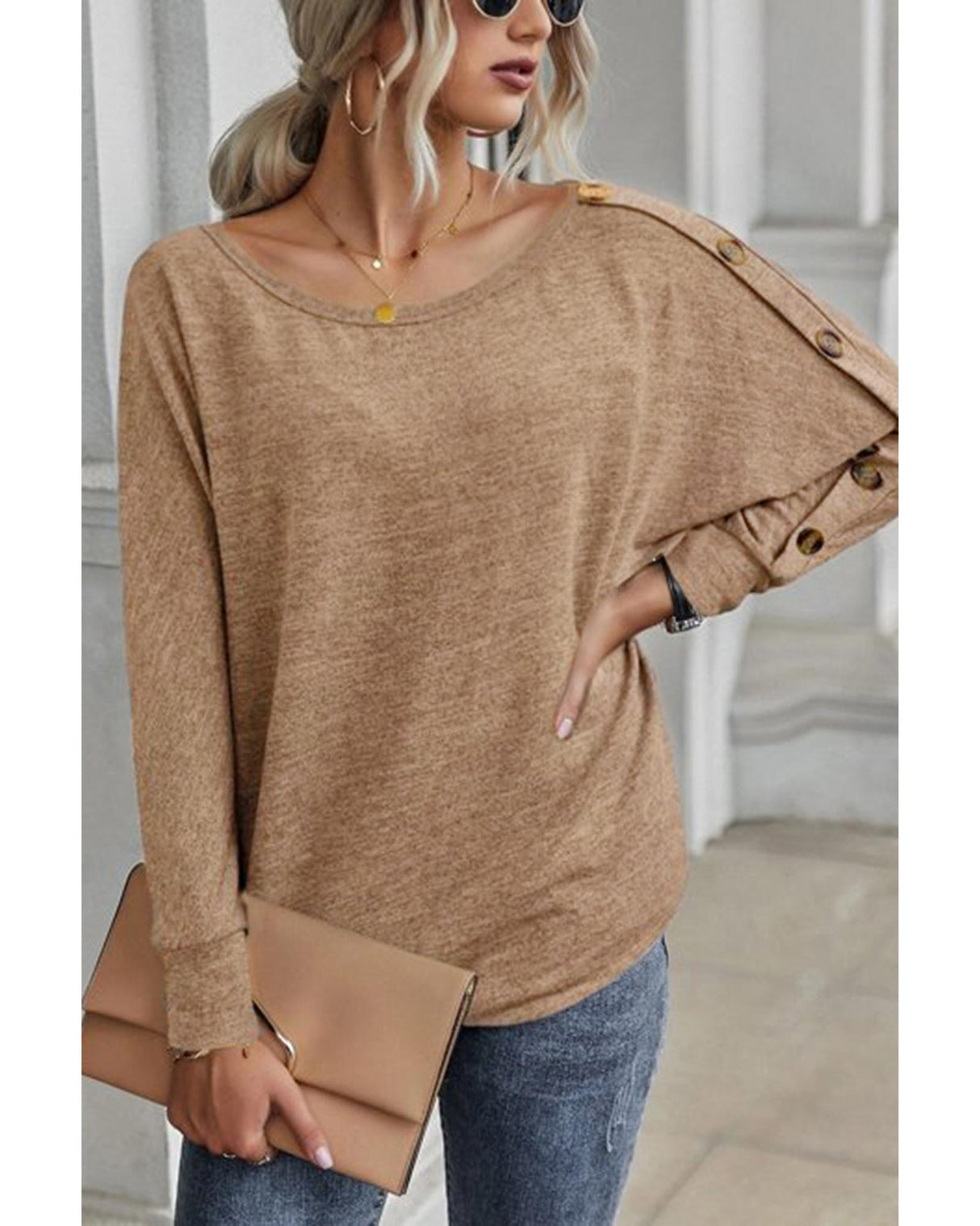 Khaki Dolman Sleeve Top with Button Details - M