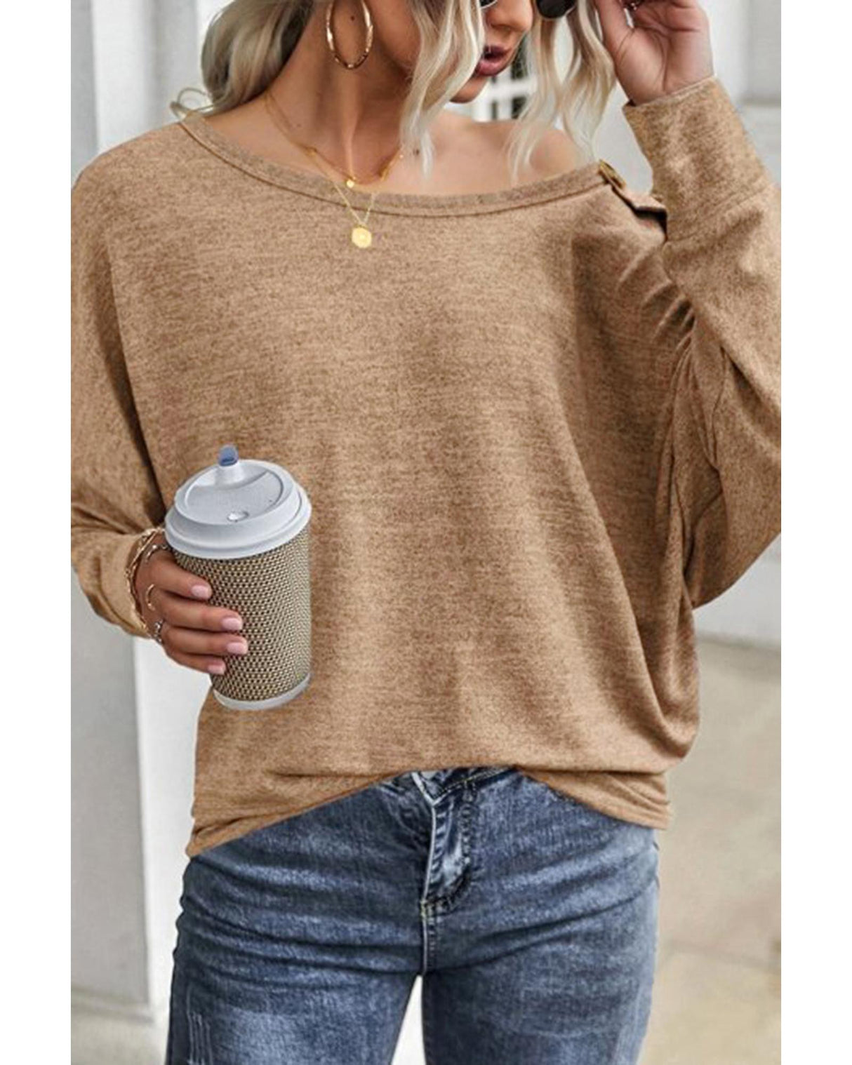 Khaki Dolman Sleeve Top with Button Details - M