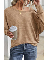 Khaki Dolman Sleeve Button-Up Top with Crew Neck - Size S - Top-Down View