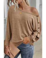 Khaki Dolman Sleeve Button-Up Top with Crew Neck - Size S - 45-Degree Angle