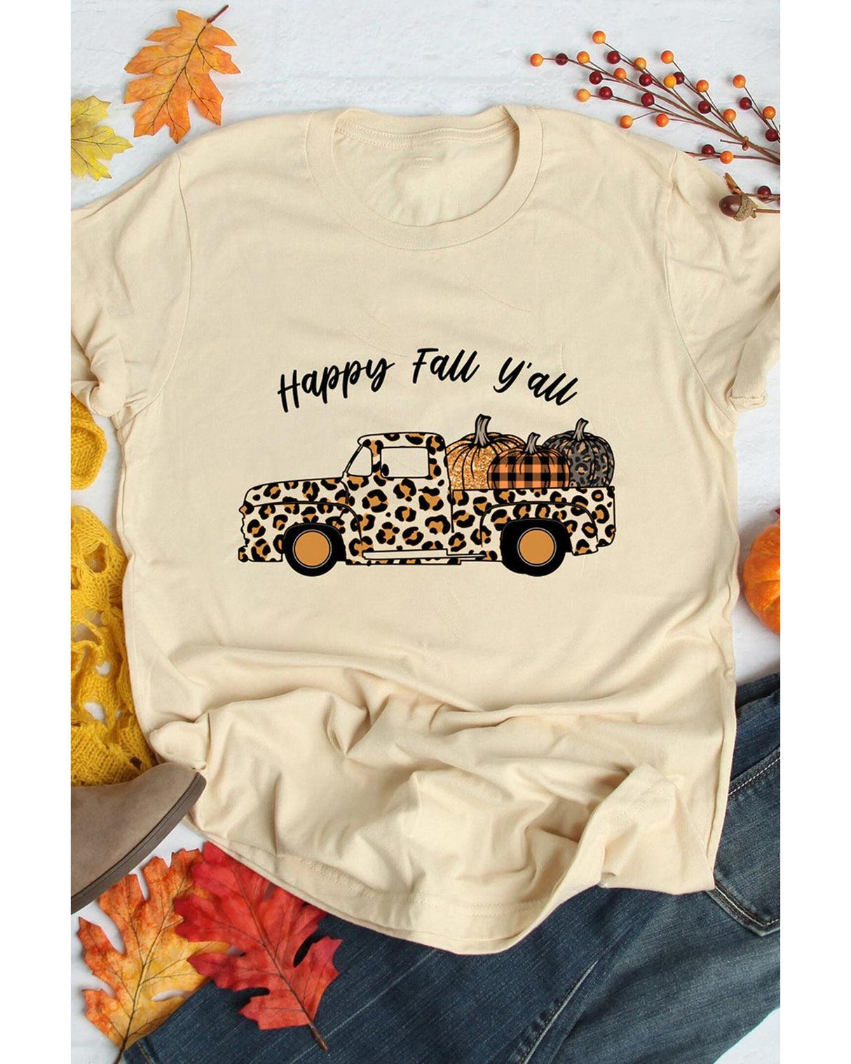 Leopard Print Pumpkin Graphic Tee for Women - Khaki - Size S