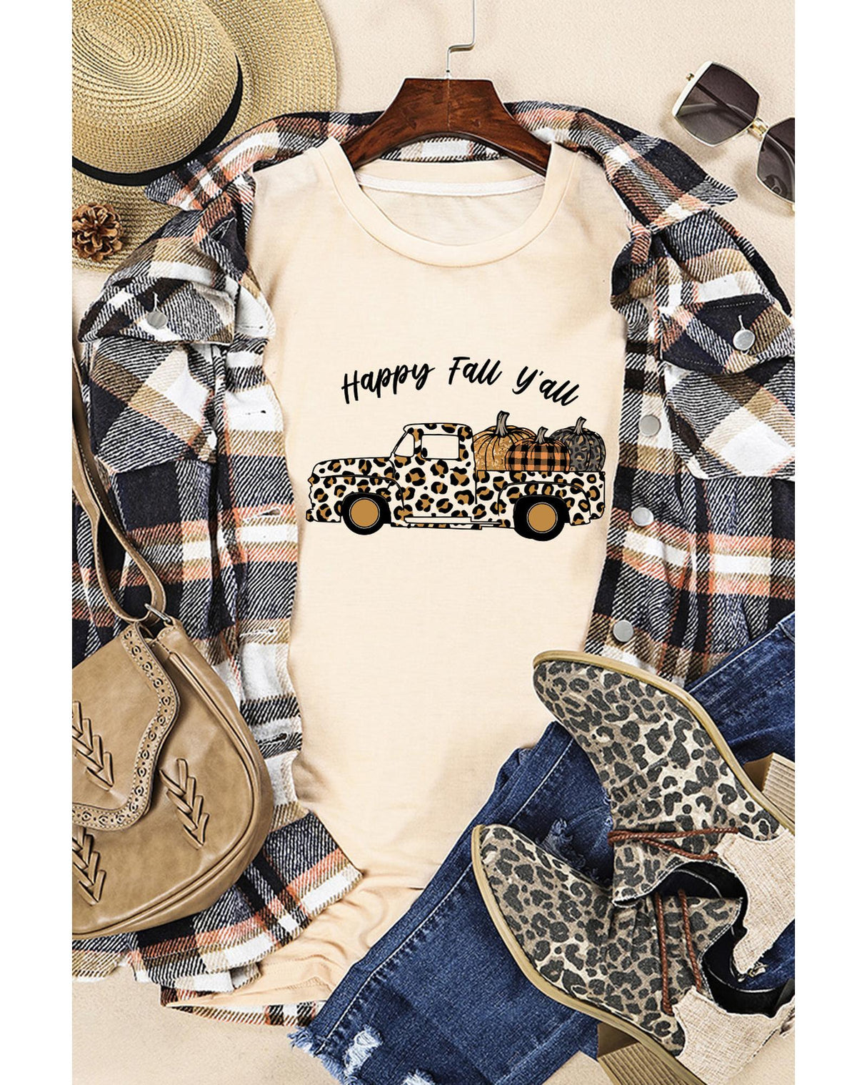 Leopard Print Pumpkin Graphic Tee for Women - Khaki - Size S