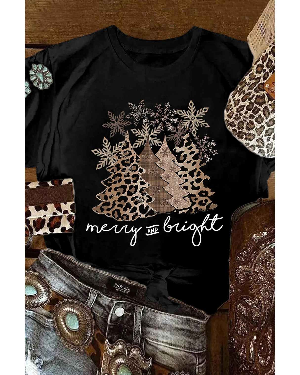 Leopard Print Christmas Tree Graphic Tee - Plus Size 2XL