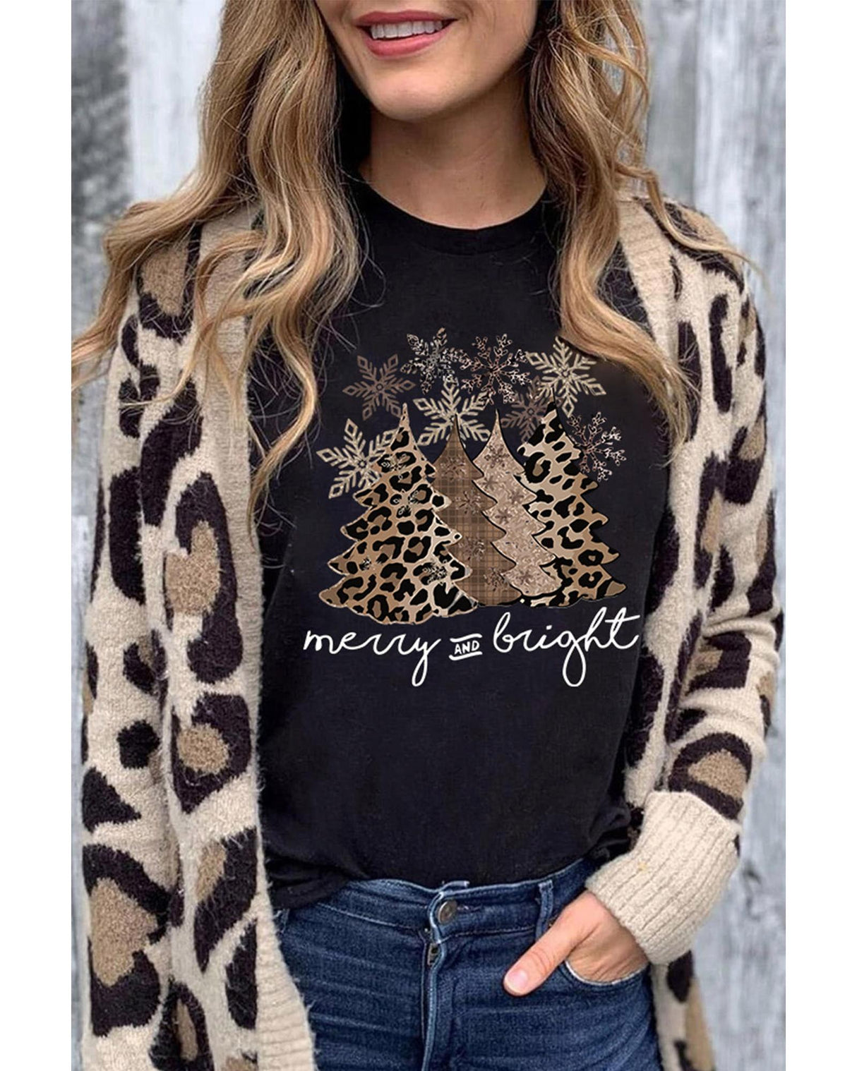 Leopard Print Christmas Tree Graphic Tee - Plus Size 2XL