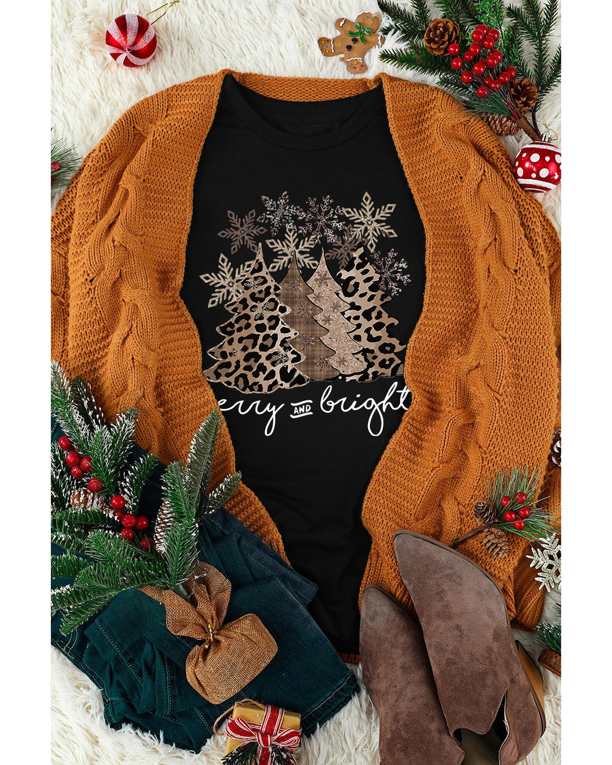 Leopard Print Christmas Tree Graphic Tee - Plus Size 2XL