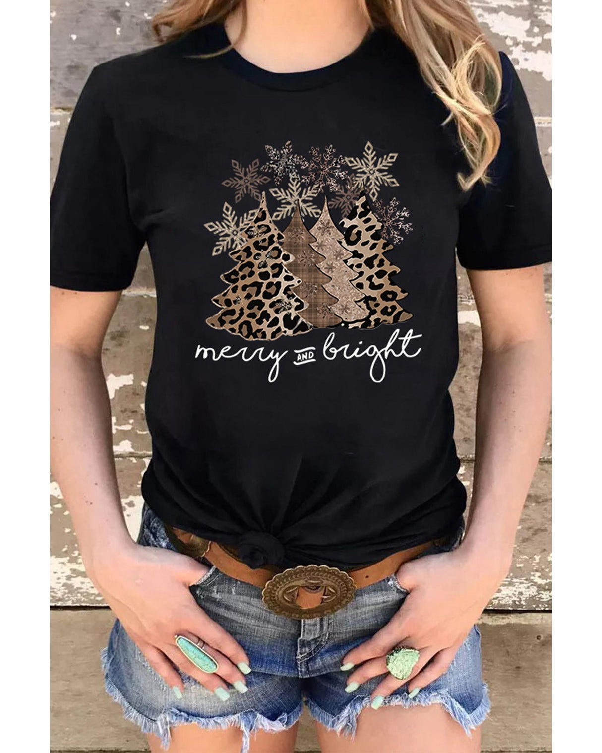 Leopard Print Christmas Tree Graphic Tee - Plus Size 2XL
