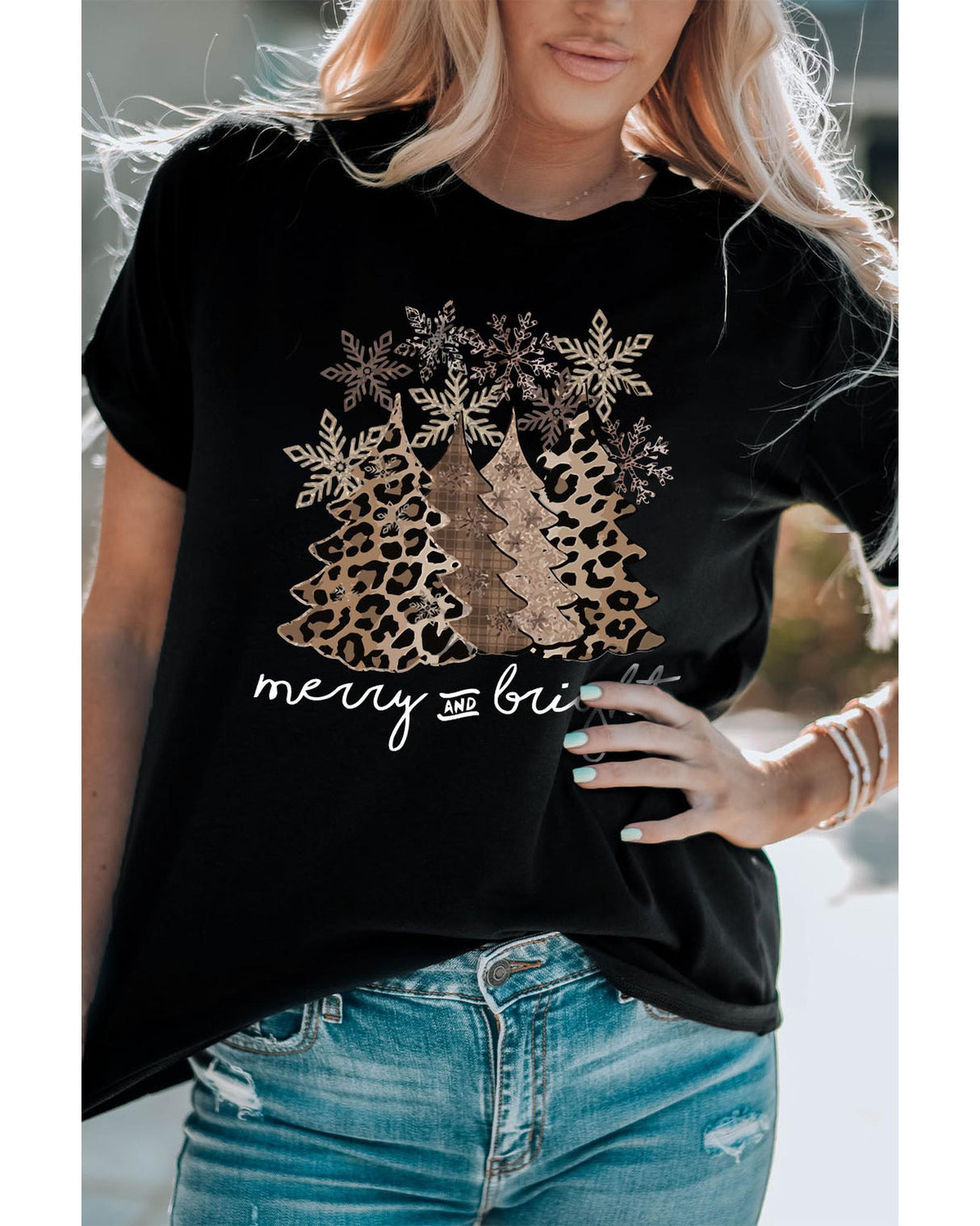Leopard Print Christmas Tree Graphic Tee - Plus Size 2XL