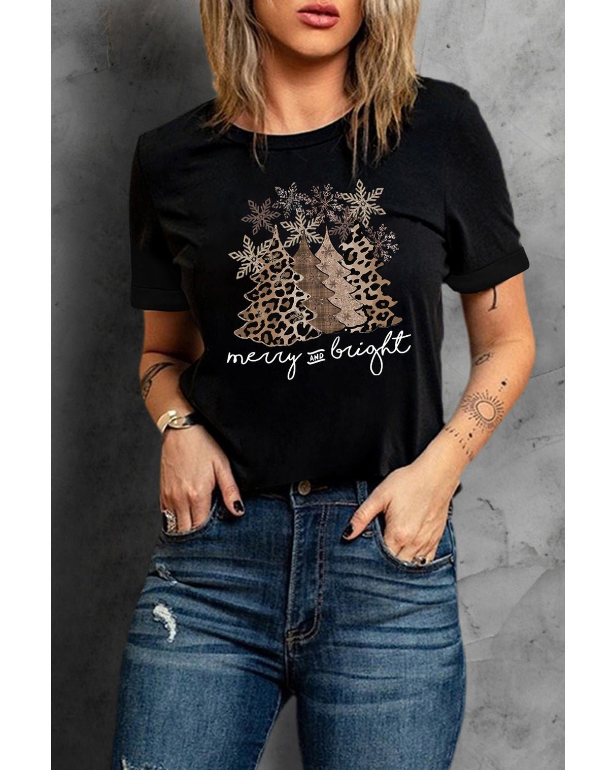 Leopard Print Christmas Tree Graphic Tee - Plus Size 2XL
