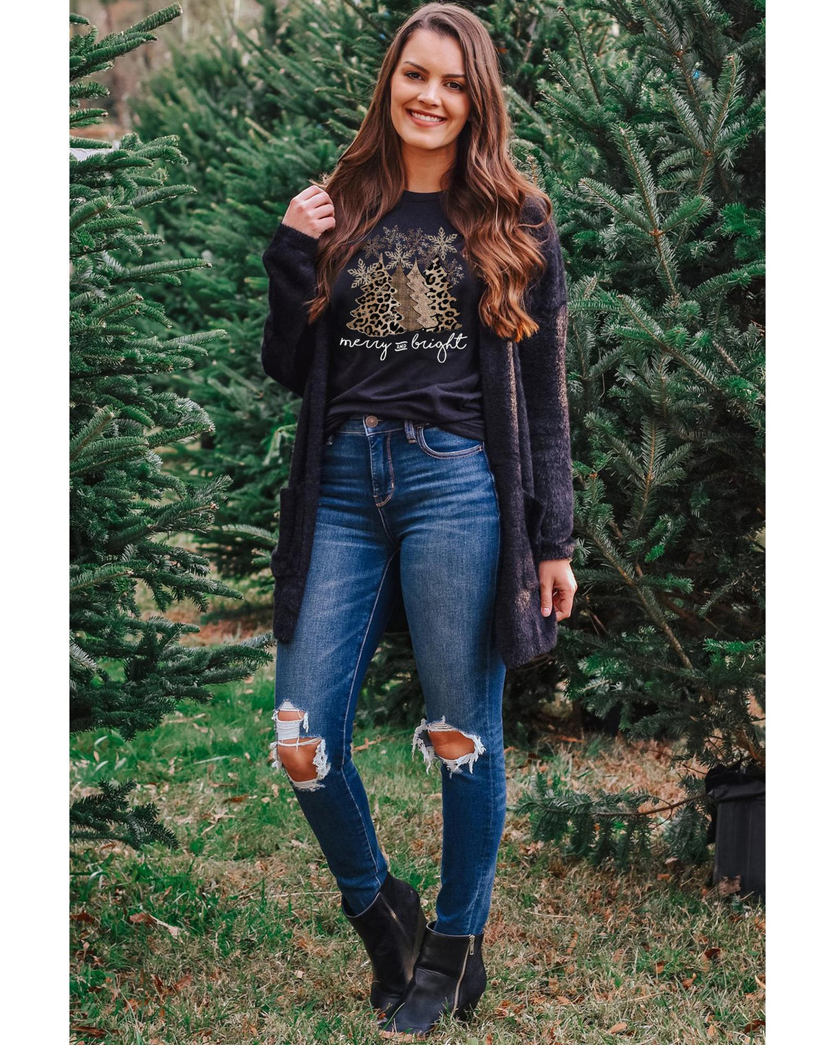 Leopard Print Christmas Tree Graphic Tee - Plus Size 2XL