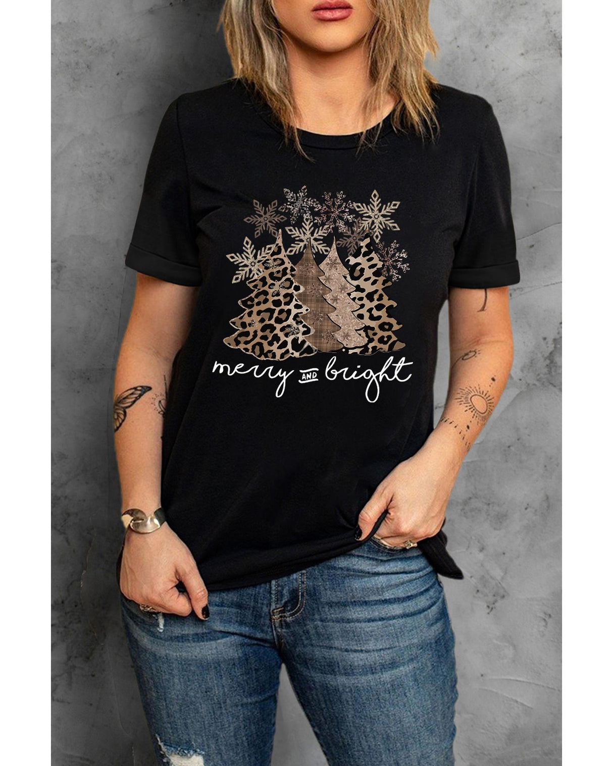 Leopard Print Christmas Tree Graphic Tee - Plus Size 2XL