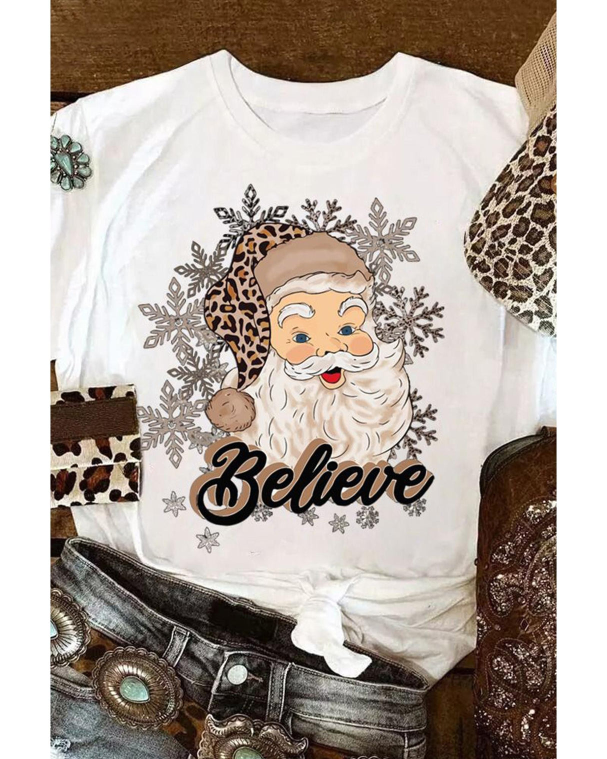 Azura Exchange Festive Snowflake Santa Claus Crew Neck Tee - Size S