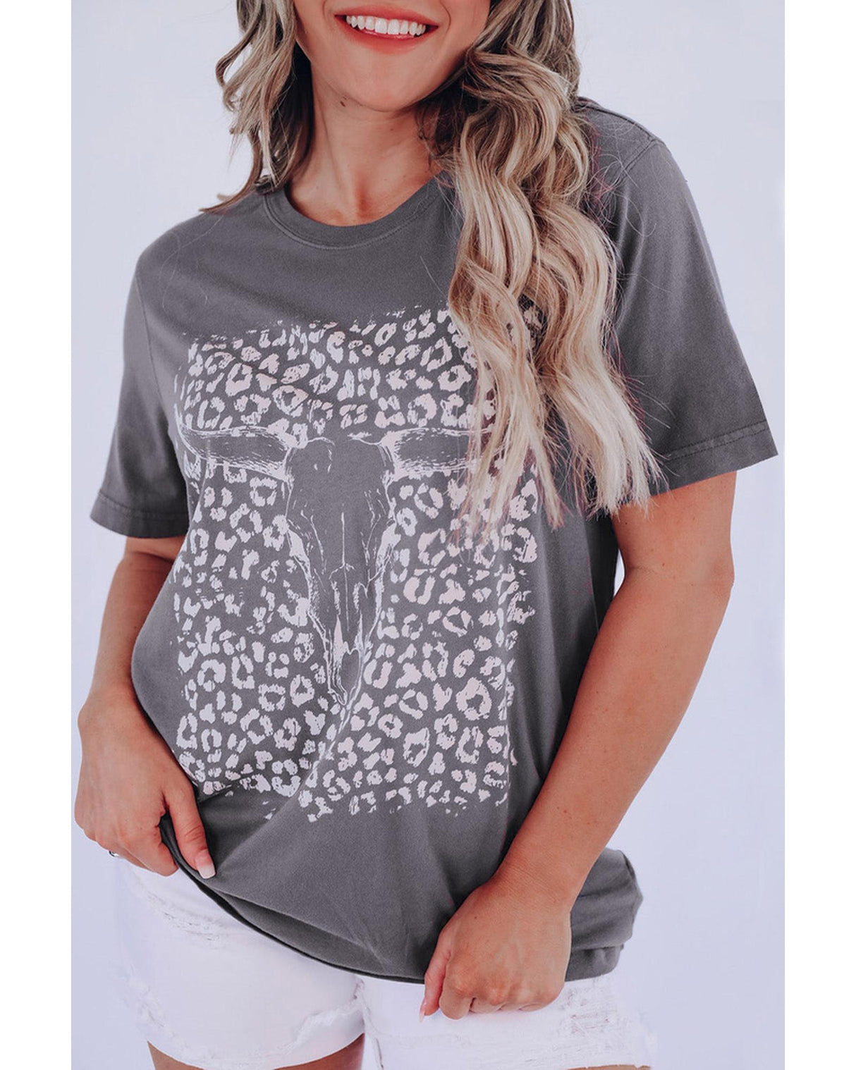 Leopard Print Bull Skull Graphic T-Shirt - Size M