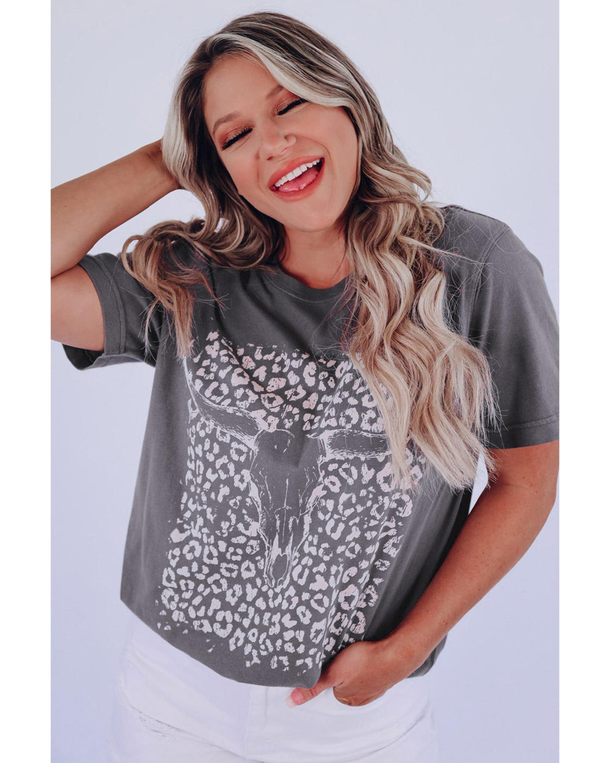 Leopard Print Bull Skull Graphic T-Shirt - Size M