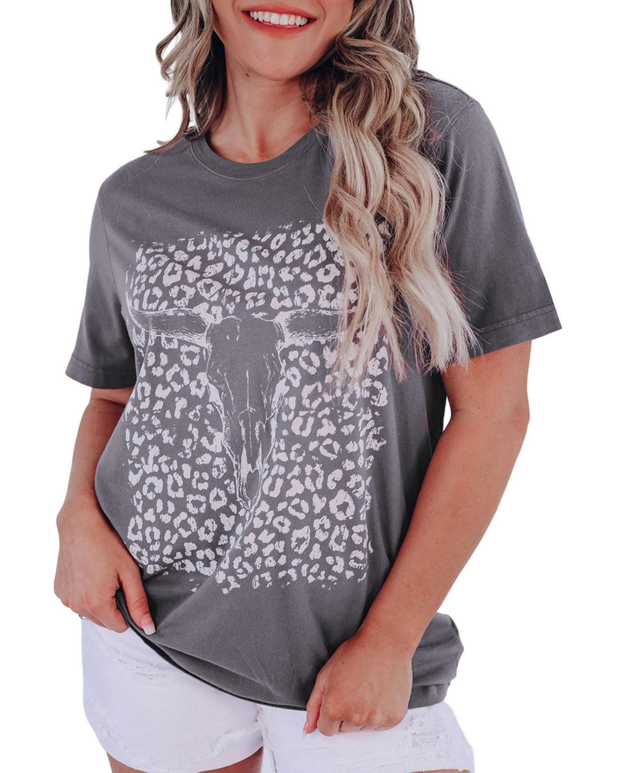 Leopard Print Bull Skull Graphic T-Shirt - Size M