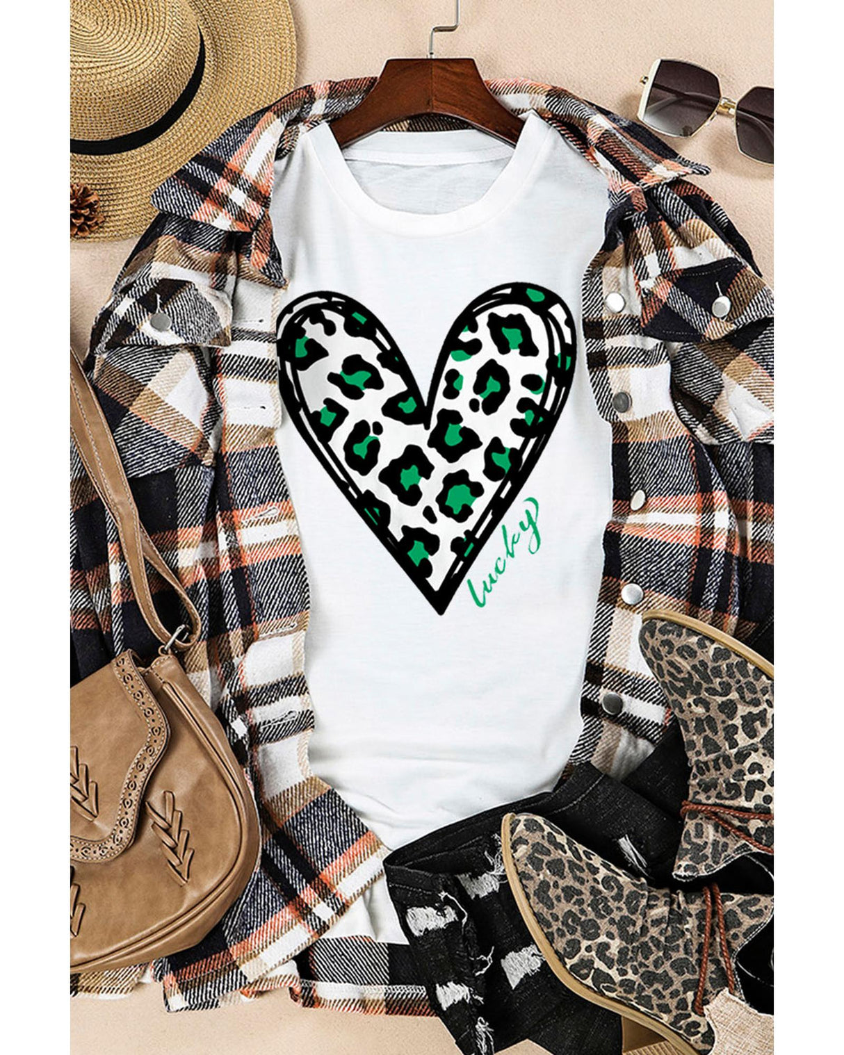 Lucky Leopard Heart St. Patrick's Day T-Shirt for Women - Size L